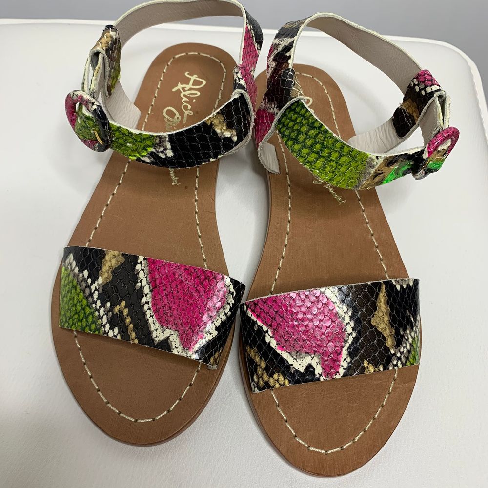 Alice + Olivia Pink Green Black Snake-Print Leather Sandals